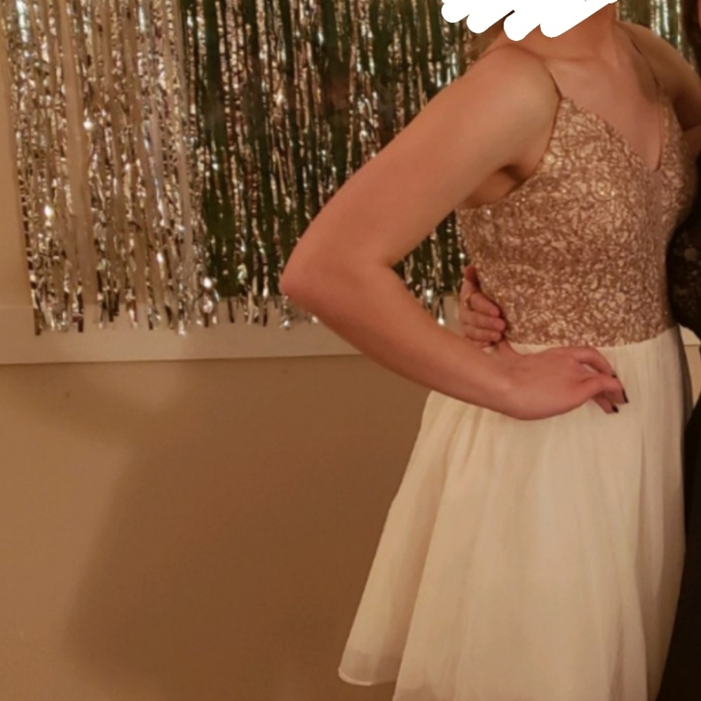 White with goldish tan lace homecoming dress